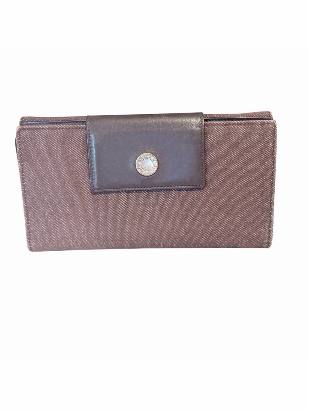Bvlgari Bulgari Logomania Long Trifold Wallet in Brown Canvas with Gold Snap